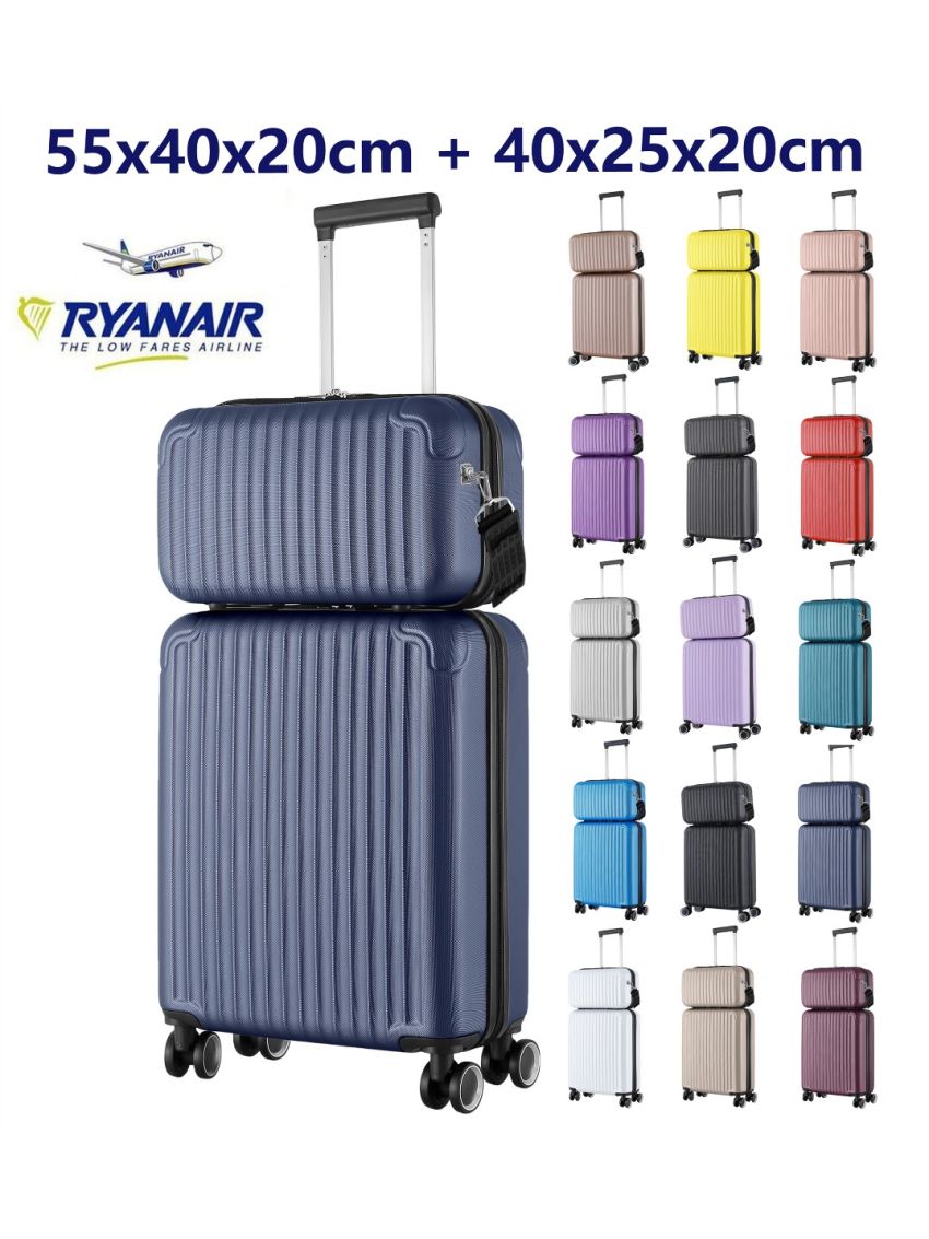 Valigia Ryanair 55x40x20 cm + 40x20x25 cm 1pezzo o Set 2 Pezzi Trolley Bagaglio a mano 4 Ruote e Beauty Case in ABS 999 1